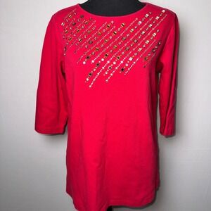 Quacker Factory Red Embellished 3/4 Sleeve Knit Top Rhinestone Studded Small